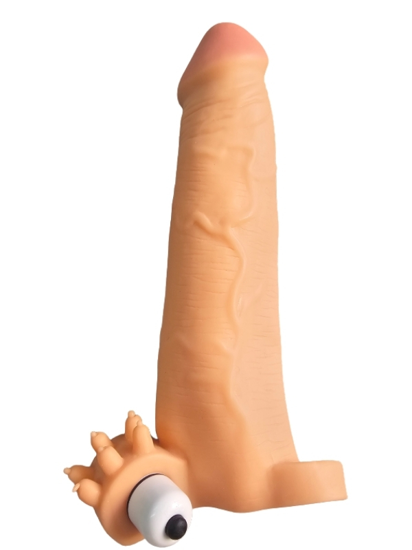 Gerçekçi Penis Kılıfı Et Dokusunda Titreşimli Testis Geçmeli 20 cm