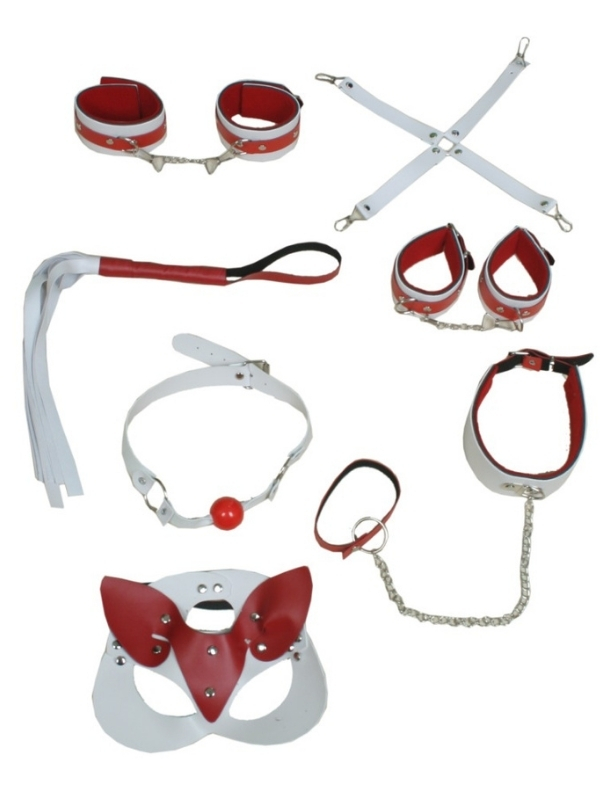 Censan 7 Parça Fetiş Esaret Seti Kırmızı Beyaz Kedi Maskeli